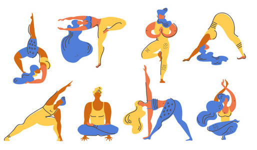 扁平孟菲斯矢量收集瑜伽体式。 男人和女人从事瑜伽。 健康的生活方式。 潮流插图