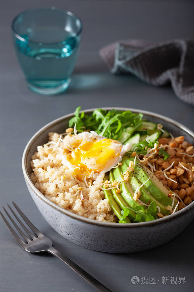 藜麦碗蛋,鳄梨,黄瓜,扁豆.健康素食午餐