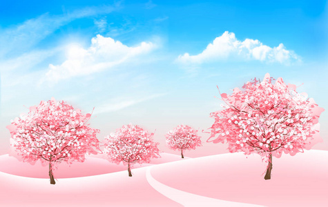 春天的自然背景有樱花树和蓝天云。矢量。