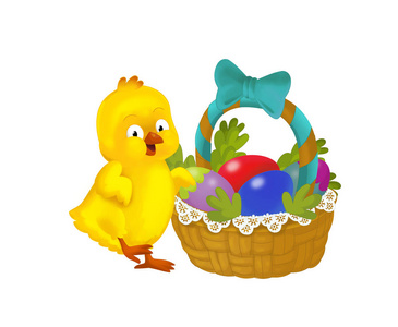 卡通快乐鸡与复活节篮子满蛋白色背景儿童插图