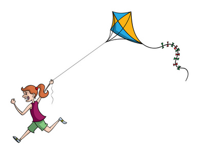 卡通人物女孩与彩色风筝在白色背景矢量插图上的乐趣照片