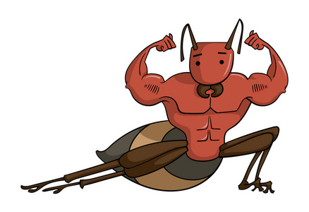 创意运动人物运动蚂蚁站在战士姿势中的卡通人物,孤立在白色背景矢量