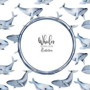 卡片模板与水彩蓝鲸背景手画在白色背景上