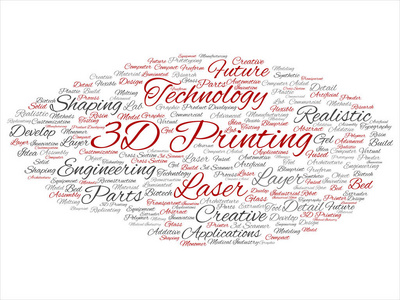 概念或概念3D打印创意激光技术抽象词云孤立背景。 工程现实应用拼贴未来设备建模或合成文本