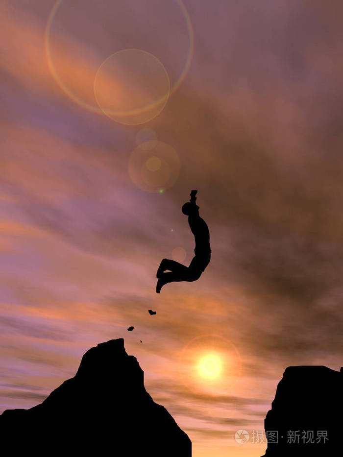 概念,概念年轻的年轻的,年轻的三维插图,男人或商人的剪影,从悬崖上跳