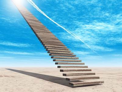 概念或概念三维插图楼梯台阶天堂的天空背景沙漠与云照片