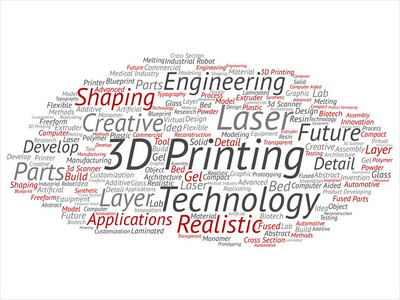 概念或概念3D打印创意激光技术抽象词云孤立背景。 工程现实应用拼贴未来设备建模或合成文本