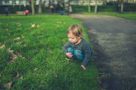 一个小蹒跚学步的孩子正在公园的草地上享受
