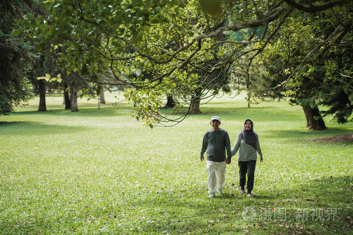 浪漫的亚洲老两口在公园散步牵手
