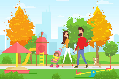 在卡通扁平风格的现代城市景观背景下, 带着幼儿和婴儿在公园里散步的年轻家庭的矢量例证