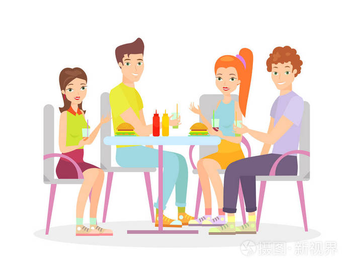 愉快的年轻妇女和男人朋友在平面卡通风格谈论和微笑