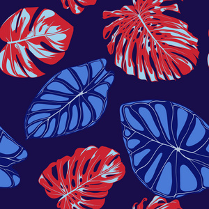 热带图案。无缝的背景与手工绘制的叶子龟背竹和海。纺织品, 织物的异国情调。矢量无缝模式与热带植物。丛林枝叶。水彩风格
