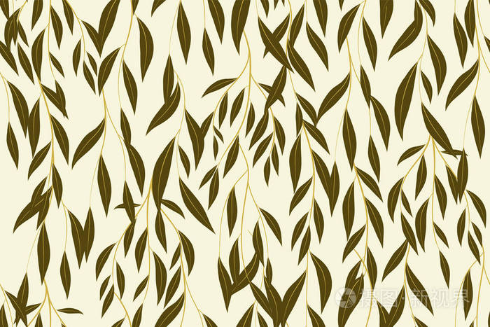 秋季无缝图案与桉树叶.枝叶自然的树枝.复古风格的装饰背景.