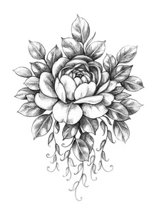 单色铅笔素描,浪漫纹身设计,花卉装饰和插图,复古风格.照片