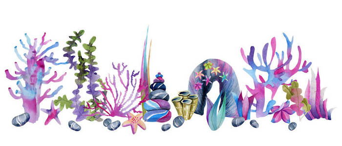 水彩画海洋热带外来珊瑚和海石插图手绘白色背景摄影图