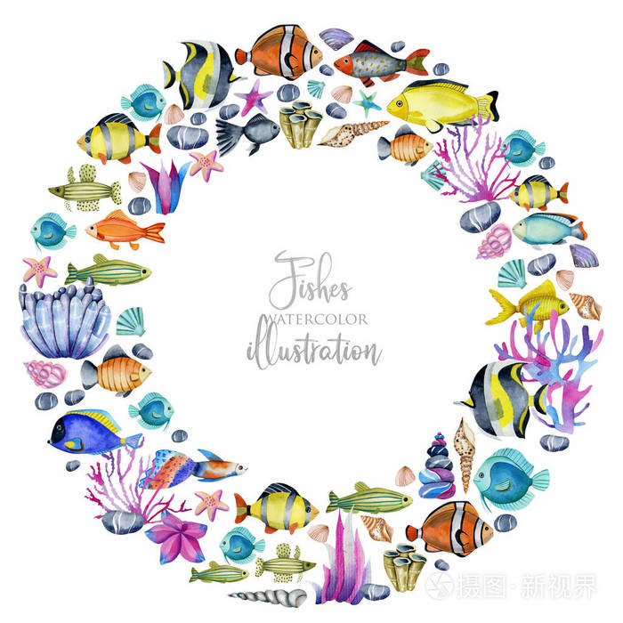 用水彩画的花环 海洋鱼类 珊瑚和海藻的手画在白色的背景上照片 正版商用图片18hww3 摄图新视界 用水彩画的花环 海洋鱼类 珊瑚和海藻的手画在白色的背景上照片 正版商用图片18hww3 摄图新视界