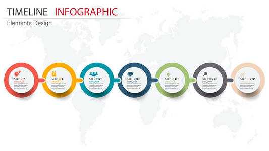 矢量抽象元素时间线信息图表7步。 设计业务财务模板版面小册子工作流信息展示等。 信息图表时间表。 抽象三维向量。
