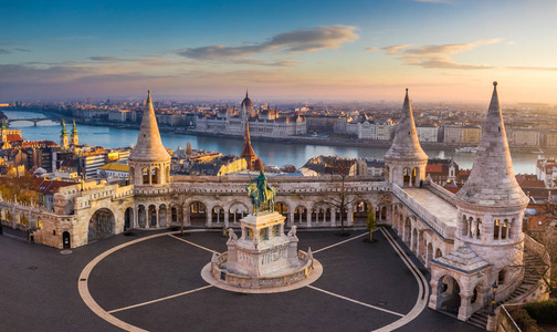 s Bastion at sunrise with statue of King Stephen I and Parliamen