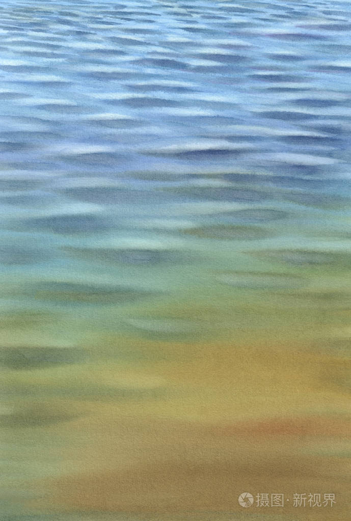 平静的蓝色水与透明波浪水彩背景