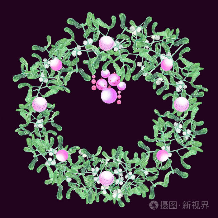 深色背景水彩画槲寄生花环照片-正版商用图片18hy6e-摄图新视界