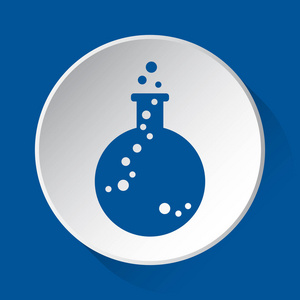 实验室烧瓶带有气泡，白色按钮上有简单的蓝色图标，蓝色方形背景前有阴影。