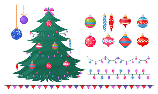 矢量插图的圣诞树与不同的装饰，问候概念装饰您的圣诞树由彩色鲍布斯礼品盒花环。 装饰圣诞树的元素
