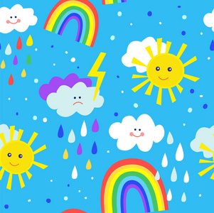 彩虹和太阳有趣的无缝图案为孩子们。 矢量图形插图