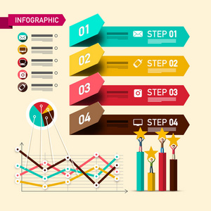四步信息布局与矢量设计元素和评级符号。 纸信息图表与商人和图表。