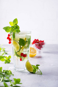 寒冷的夏天自制水果和浆果柠檬水。 莫吉托柠檬水或桑格里亚酒。