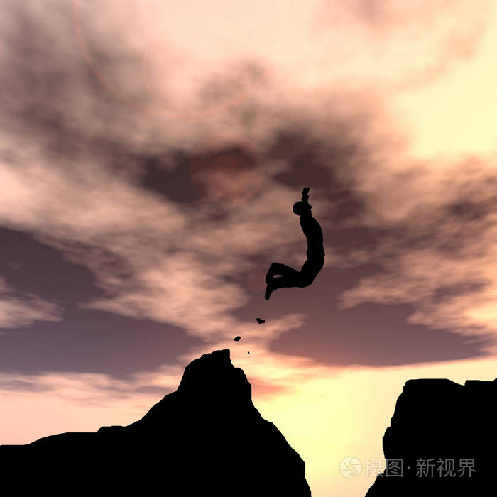 概念概念概念概念概念年轻的三维插图男人或商人的剪影从悬崖上跳下来