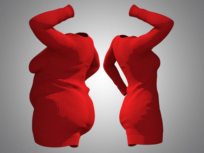 概念脂肪超重肥胖女性毛衣连衣裙与苗条适合健康的身体后，减肥或饮食瘦年轻女子灰色。 健身营养或肥胖肥胖健康形状三维插图