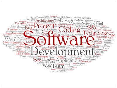概念或概念软件开发项目编码技术抽象词云孤立背景。 应用网页设计整理SEO思想实现测试升级文本