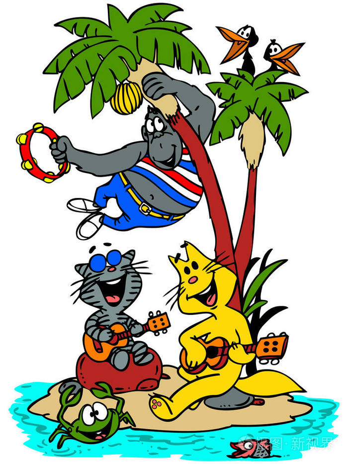 在岛上唱歌跳舞的卡通动物