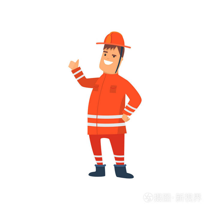 微笑的消防队员穿着橙色的保护制服和头盔显示批准手势, 愉快的职业