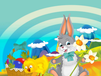 卡通快乐复活节兔子和小鸡与美丽的花朵和复活节篮子充满鸡蛋在自然春天的背景儿童插图