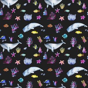 无缝图案与水彩画海洋鱼类和鲸鱼在海底，手画在黑暗的背景上