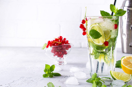 寒冷的夏天自制水果和浆果柠檬水。 莫吉托柠檬水或桑格里亚酒。 复制空间