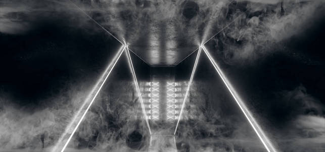 烟雾科幻未来霓虹灯激光发光现代空暗充满活力白色发光舞台讲台灯光上的反射混凝土隧道俱乐部室3绘制插图