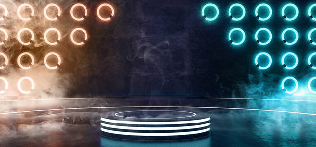 科幻现代外星霓虹灯发光橙色，蓝色，白色舞台讲台圆圈形状与烟雾在黑暗的混凝土圆圈室，充满活力的三维渲染插图。