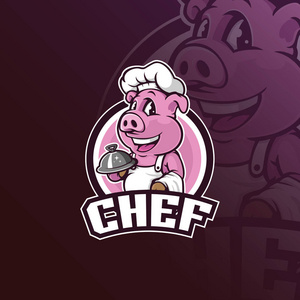 厨师猪矢量吉祥物标志设计与现代插图概念风格的徽章，徽章和T恤打印。餐厅标志的智能猪厨师插图。