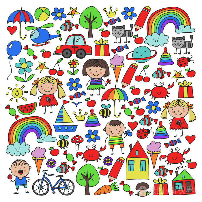 幼儿园模式与可爱的孩子和玩具.儿童绘图样式插图