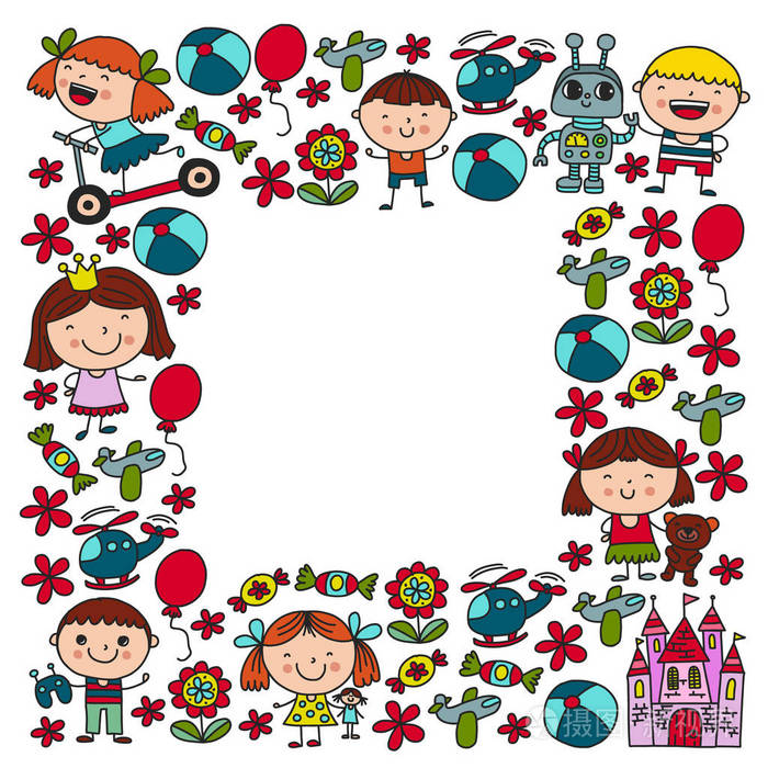 带着玩具的孩子们.幼儿园海报的五颜六色的图案