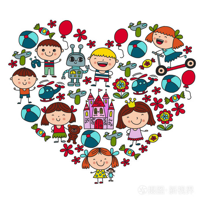 带着玩具的孩子们.幼儿园海报的五颜六色的图案