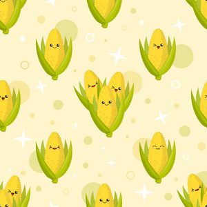 可爱的kawaii玉米芯,有笑脸和绿叶无缝矢量背景图案快乐卡通笑脸多彩