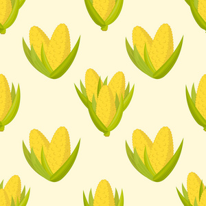 成熟的甜玉米，绿叶无缝矢量图案背景