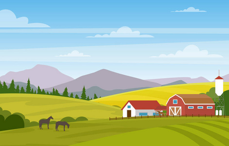 农村风景的向量例证与农场。夏天田野和牧场上的马。乡村风景与山背景