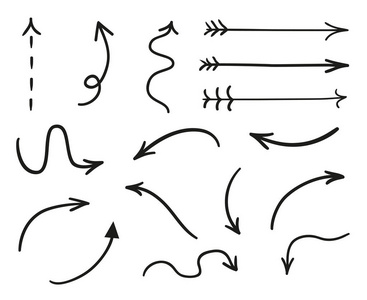 手绘简单的箭头. 线条艺术. 一组不同的指针. 抽象指标. 黑白插图.