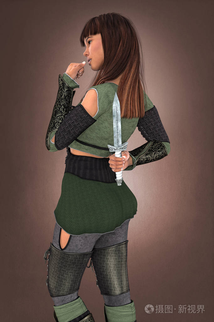 三维美丽的黑发女人战士拿着匕首或短刀片在她的背后.