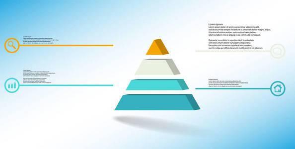 三维插图信息模板。 浮雕三角形分为四个颜色部分。 对象设置在蓝色白色背景上。 彩色线与简单的标志在圆圈是在侧面。