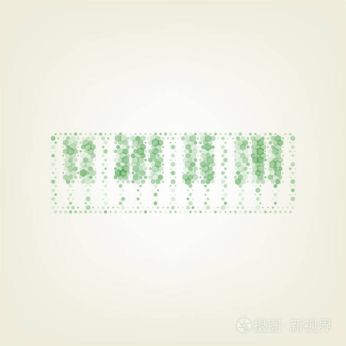 钢琴键盘标志。 矢量。 绿色六边形改变图标和噪音不透明度和大小在浅绿色背景与中心灯。